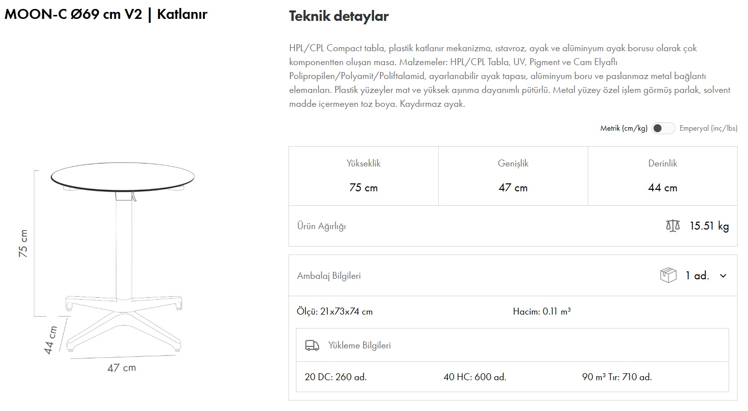 Moon-C Masa Ø69 V2 Katlanır